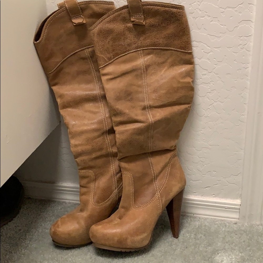 Tan distressed high heel boot
